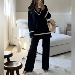 Dissh Elsie Knit Set XS Pants and Top Black Ribbed Stretchy Long Sleeve V Neck